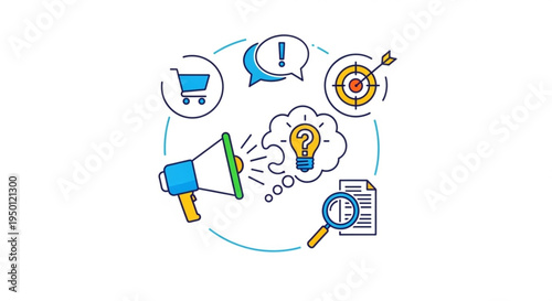Business strategy and marketing concept with megaphone lightbulb target shopping cart and documents on white background