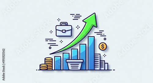 Business growth chart with rising green arrow and financial icons on a white background