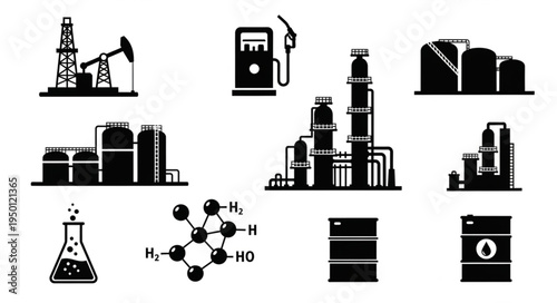 Oil and Gas Industry Icons - Extraction, Processing, and Storage.