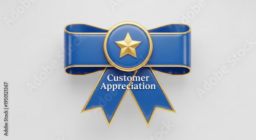 Blue customer appreciation ribbon with gold star and text on light gray background
