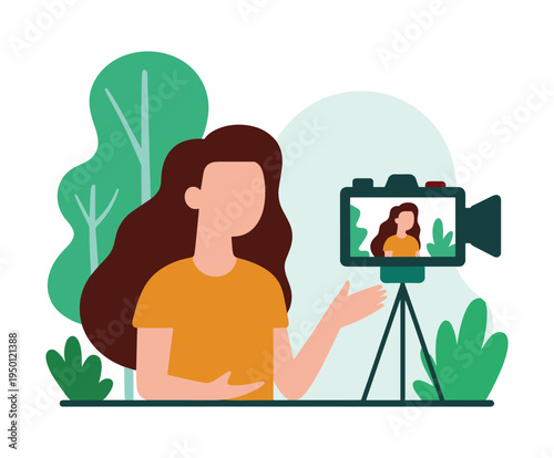 Woman filming herself with camera recording content creator.