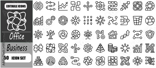 Premium Office and Business Management Vector Icon Set: Modern Corporate Operations, Strategic Workflow, Professional Leadership, Financial Analytics, and Organizational Infrastructure Line Icons for 