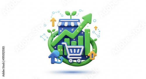 E commerce growth concept with shopping cart and green arrow symbolizing online business expansion and success
