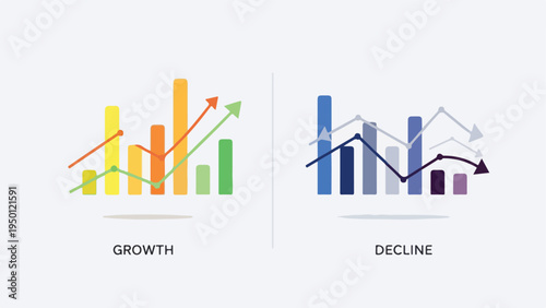 Infographic illustration comparing growth and decline graphs with colorful bar charts and arrows on a white background.
