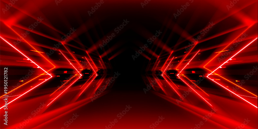 Fototapeta premium Neon red arrow dynamic tunnel with perspective and glowing lights, abstract vector background. Futuristic tech dark pathway with laser effect, cyber border, electric stage frame