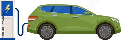 Electric vehicle charging a green car at a station