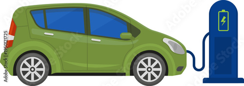 Green electric car charging at power station