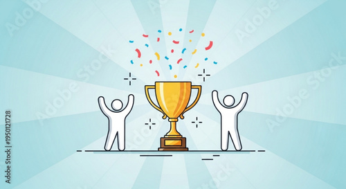 Two people celebrating with trophy and confetti in air on light blue background with sunburst pattern