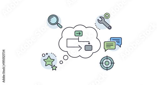 Business strategy concept with thought bubble and icons for planning analysis and communication on white background