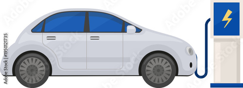 White electric car charging at public station