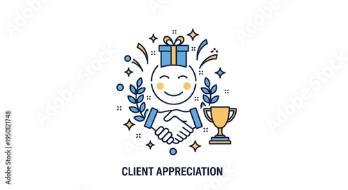 Client appreciation concept with smiling face gift trophy and handshake