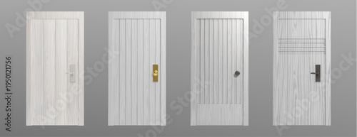 Realistic wooden door with frame and handle, modern white or grey entrance for home interior, isolated 3D vector illustrations. Mockup with elegant wood texture and metal doorknob details