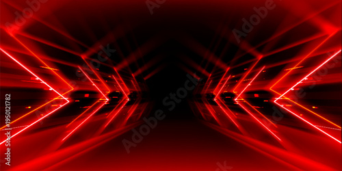 Neon red arrow dynamic tunnel with perspective and glowing lights, abstract vector background. Futuristic tech dark pathway with laser effect, cyber border, electric stage frame