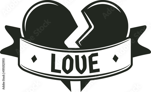 Broken heart emblem with love ribbon banner
