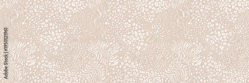 Seamless animal print pattern. Leopard, zebra, tiger skin textures. Abstract vector background mixing cheetah, panther, jaguar fur motifs. Spotted safari elements. Neutral beige jungle camouflage bg