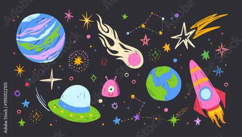 Color chalk pattern with planets and space rockets on black background. Vector cartoon illustration of crayon doodle stars, Earth, alien spacecraft, comets flying with burning tails, kid galaxy design