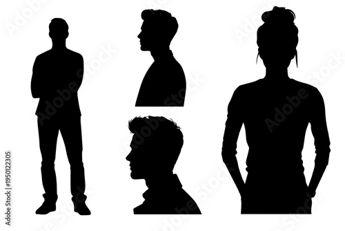 Set of four elements, templates. Vector illustration of upper half of man and woman. Black silhouette. Flat design. Front and side views. Black color.