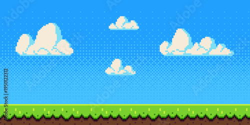 Pixel art sky with fluffy clouds over green grass field. Retro 8-bit game vector cartoon background, bright blue atmosphere and sunny green grass landscape for arcade video adventures,