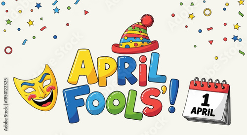 Colorful april fools' day celebration with confetti and masks on white background