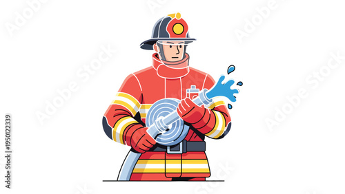 Brave Firefighter in Action: An illustration of a dedicated firefighter, poised with a high-pressure hose, bravely fighting flames to protect lives and property.