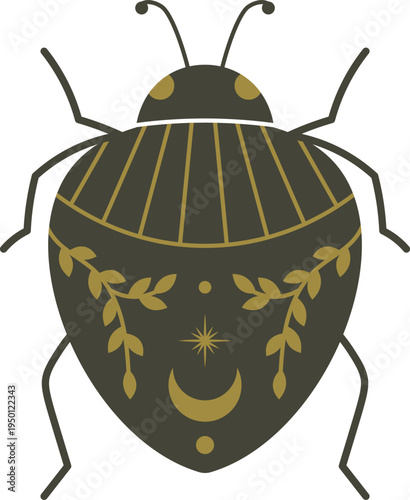 Stylized beetle vector with cosmic and botanical elements