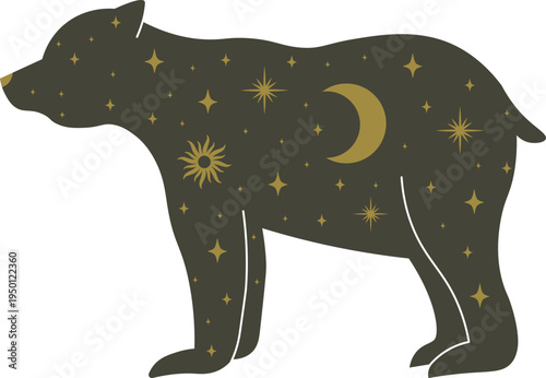 Bear filled with stars, moon, and sun celestial elements