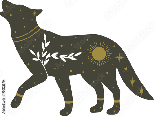 Howling wolf representing bohemian spirit and celestial elements