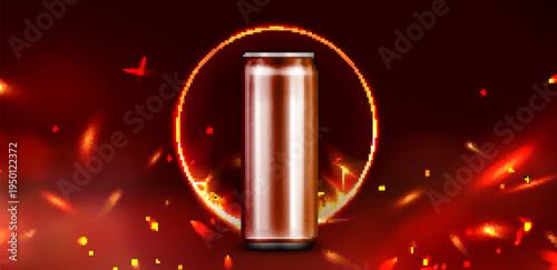 Energy drink can on fiery flames background. Vector realistic illustration of power boosting beverage mockup with burning fire circle, bold advertising template dynamic red effects and 3D elements