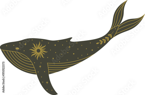 Celestial whale vector illustration with sun and stars
