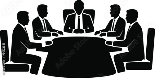 Business meeting silhouette with five people at conference table, teamwork leadership corporate discussion vector illustration, cad drawing flat vector illustration