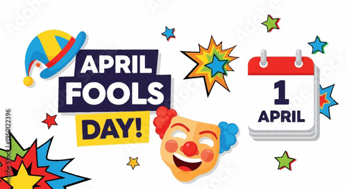 Colorful april fools day celebration graphic with calendar confetti and laughing face on white background
