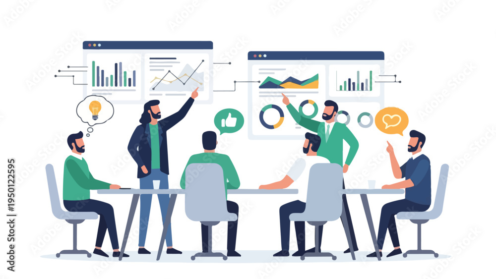Fototapeta premium Flat illustration of a diverse team collaborating around a table with graphs and charts on screens and floating above, conveying a professional and productive atmosphere.