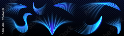 Fresh air flow with cool blue lines, light effects, realistic vector isolated on transparent background. Flowing cold wind patterns and clean breeze texture design, conditioner blow