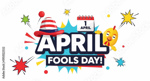 Colorful april fools day graphic with cat hat calendar and starburst effects on white background