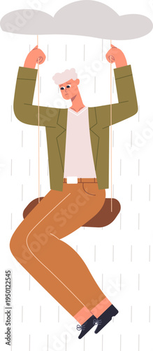 Sad man sitting under falling rain cloud