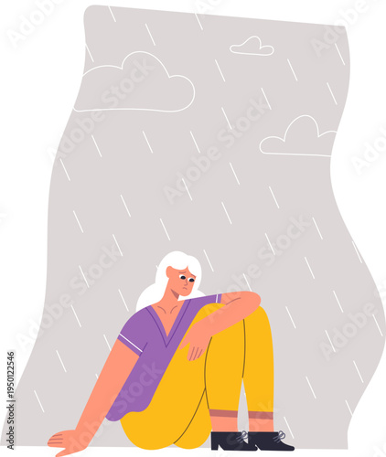 Woman sitting alone feeling sad during rainy day