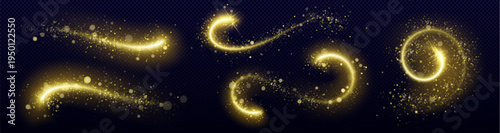 Magical golden glitter trail with sparkling dust particles and glowing star rays, vector swirl effect on dark transparent background. Festive wavy designs elements, shimmering powder