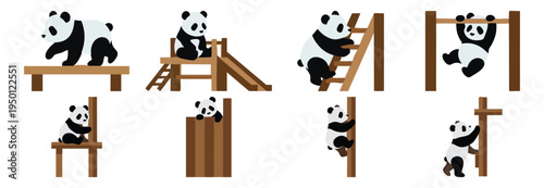  PANDA CUB - Small panda cub climbing on a wooden play structure  Flat Vector Illustration on Transparent Background