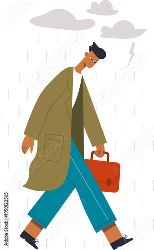 Man walking in rain feeling sad and stressed