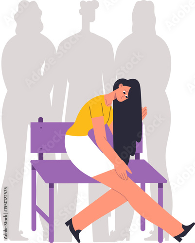 Young woman feeling sad and anxious among silhouette people