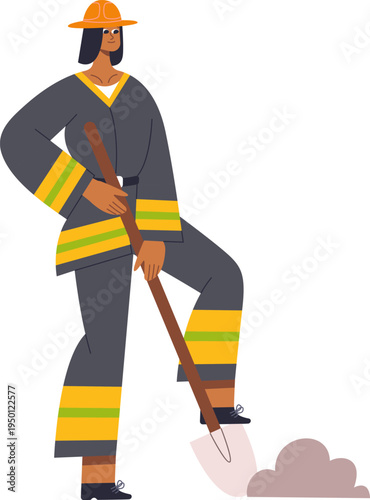 Female firefighter digging ground with shovel