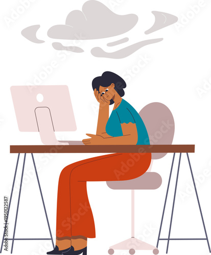 Stressed businesswoman feeling burnout while working at computer desk
