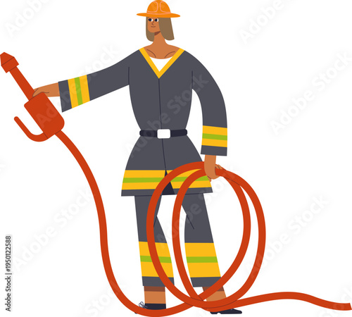 Female firefighter holding water hose and nozzle