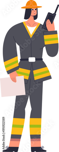 Female firefighter holding radio and document illustration