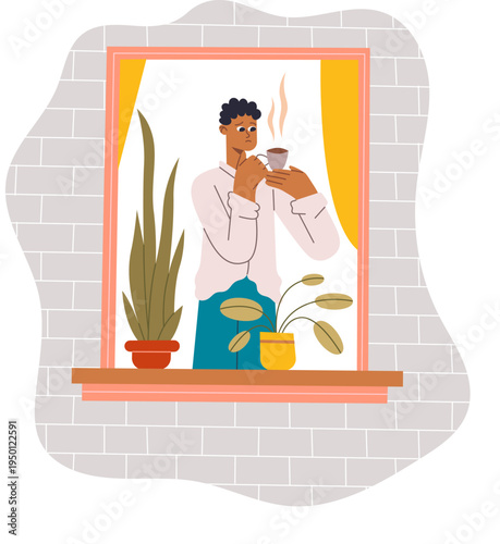 Man drinking coffee looking out window thinking