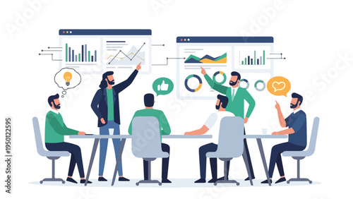 Flat illustration of a diverse team collaborating around a table with graphs and charts on screens and floating above, conveying a professional and productive atmosphere.