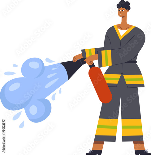 Firefighter spraying water from fire hose for safety