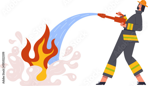 Firefighter extinguishing fire using water hose