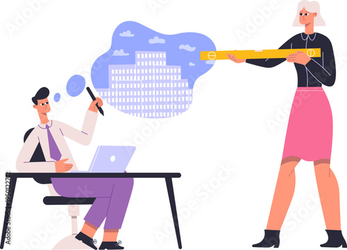 Architect creating building design with engineer checking level