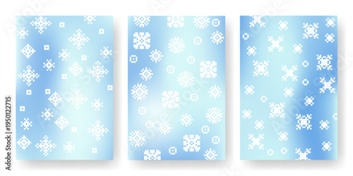 Elegant winter posters set with snowflakes on gradient blue background. Vector realistic illustration of abstract falling ice crystals, with pixel texture, soft backdrop, seasonal greeting banners